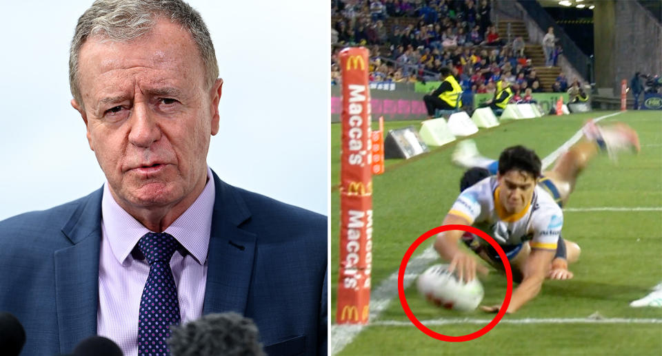 On the left is NRL head of football Graham Annesley and Parramatta's Blaize Talagi on right.