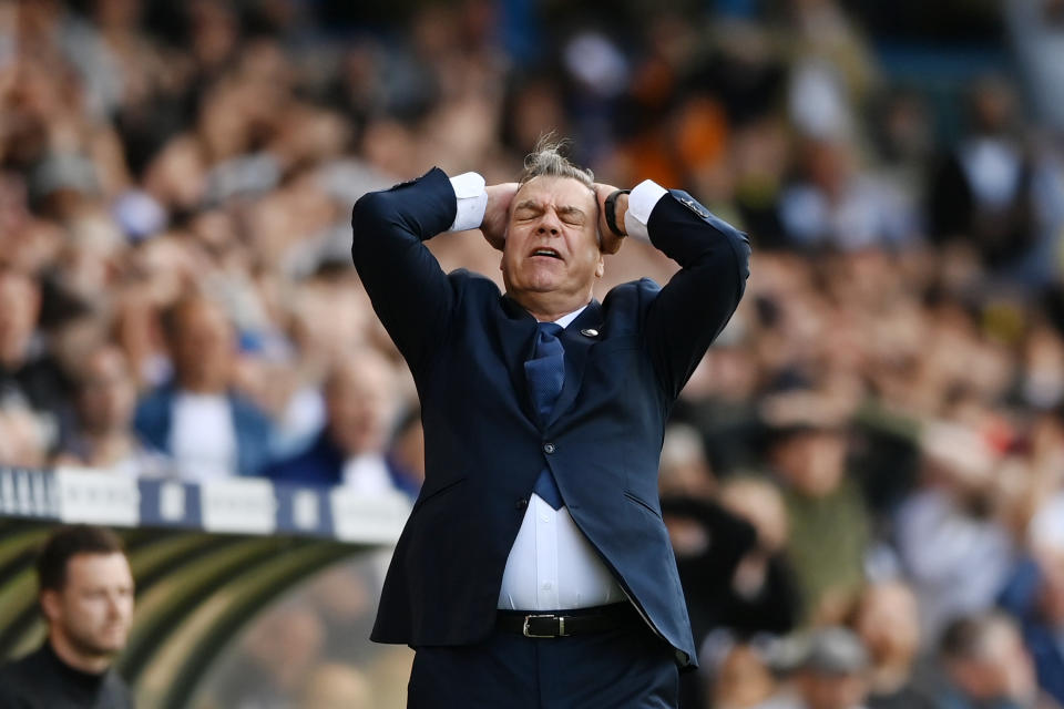 LEEDS, ENGLAND - MAY 28: Leeds United manager Sam Allardyce reacts during the Premier League match between Leeds United and Tottenham Hotspur at Elland Road on May 28, 2023 in Leeds, England.  (Photo by Gareth Copley/Getty Images)