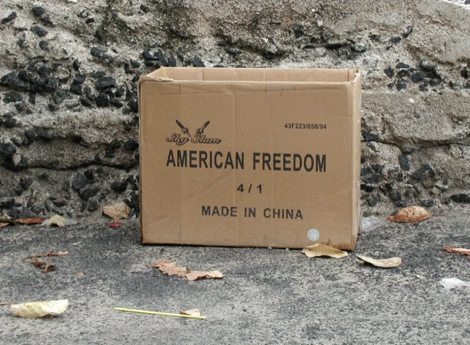 Cardboard box labeled "American Freedom 4/1 Made in China" placed on a concrete surface with scattered leaves