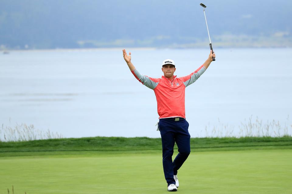 PEBBLE BEACH, CALIFORNIA - JUNE 16: Gary Woodland of the United States celebrates on the 18th green after winning the 2019 U.S. Open at Pebble Beach Golf Links on June 16, 2019 in Pebble Beach, California. (Photo by Andrew Redington/Getty Images)