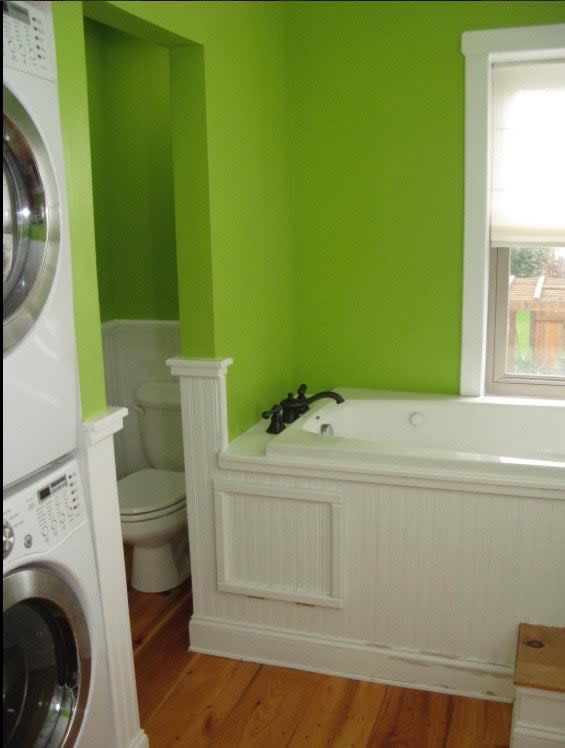 We installed beadboard in our bathroom to go with our “formal farmhouse” design mojo in 2004. Unlike the modern farmhouse style developed soon after, our formal farmhouse style combines bold colors with farmhouse details. 