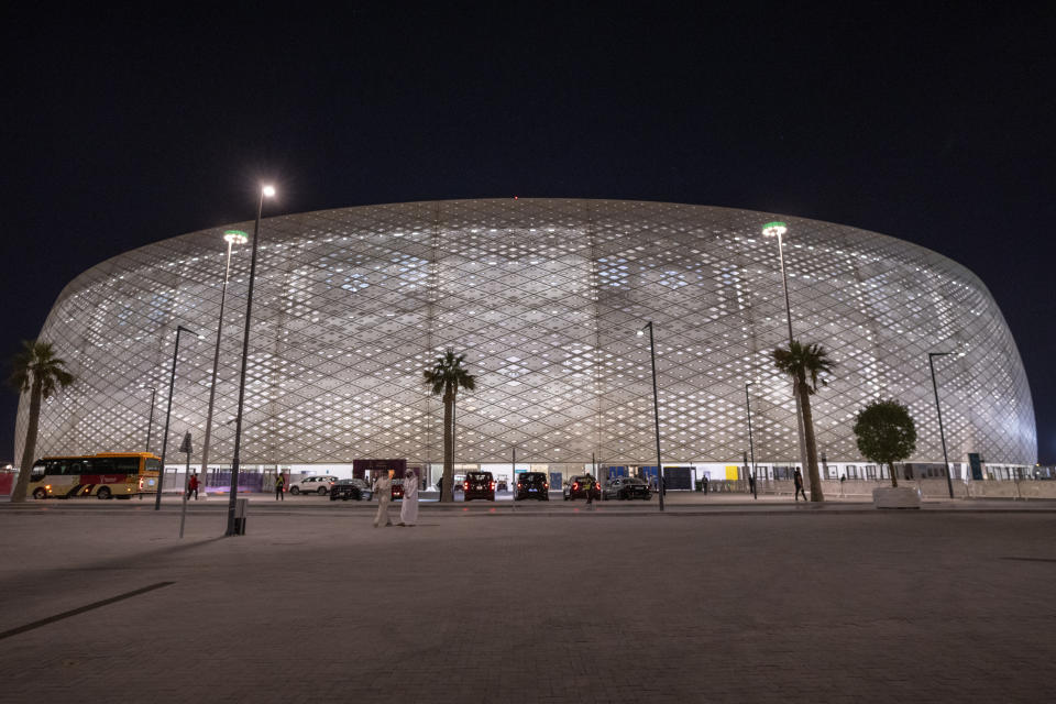 A general view of the Al Thumama Stadium in Doha, Qatar, Monday, Dec. 6, 2021. Qatar has built eight stadiums for this World Cup and created an entire new city of Lusail where the final will be held. (AP Photo/Darko Bandic)