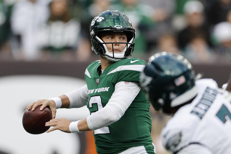 New York Jets quarterback Zach Wilson throws during the first half of an NFL football game against the Philadelphia Eagles, Sunday, Oct. 15, 2023, in East Rutherford, N.J. (AP Photo/Noah K. Murray)