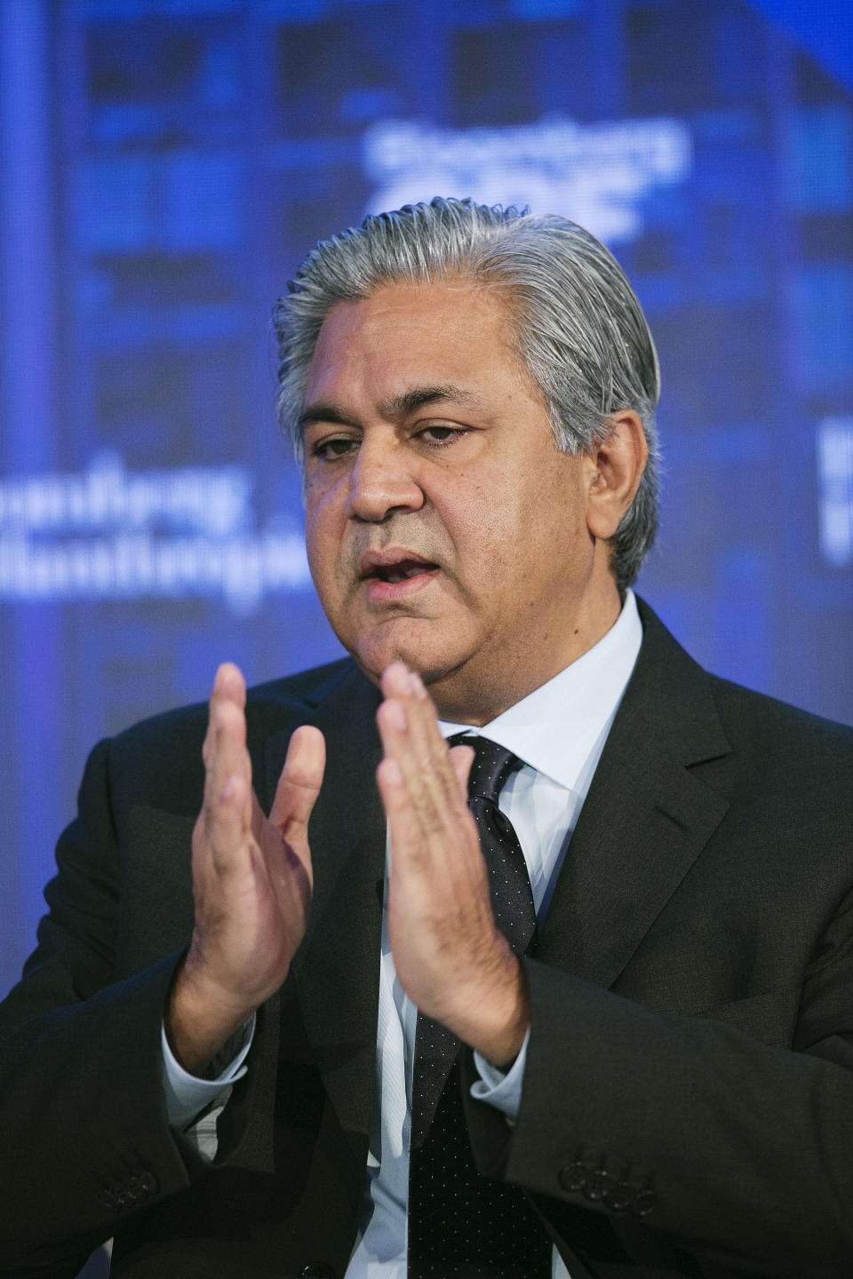 FILE - Arif Naqvi, the founder and CEO of the Abraaj Group, speaks at the Bloomberg Global Business Forum, Sept. 20, 2017, in New York. A regulatory body in Dubai said Thursday, Jan. 27, 2022, it is fining the Pakistani-born founder of Abraaj Group, the now defunct Mideast private equity firm accused of fraud, a staggering penalty of $135.5 million. (AP Photo/Mark Lennihan, File)