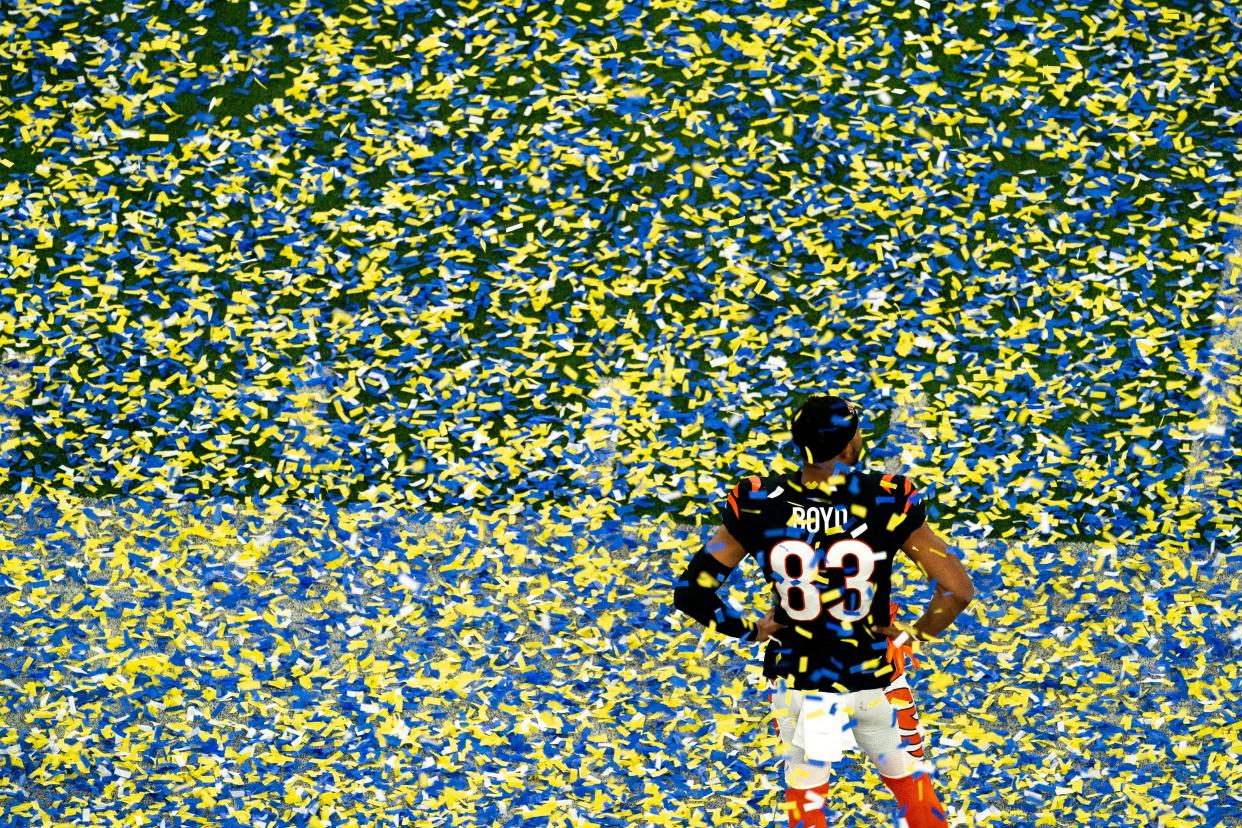 Cincinnati Bengals wide receiver Tyler Boyd looks on after Super Bowl 56 on Feb. 13, 2022. Enquirer photojournalist Albert Cesare won best sports photo in the Ohio APME journalism contest.