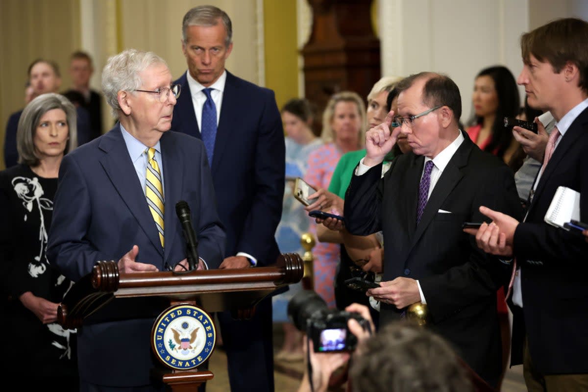 Senate Republican leaders speak to reporters at a press conference on Tuesday, 21 May (Getty Images)