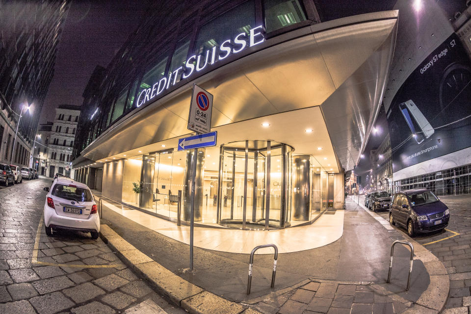 Milan, Italy - September 29, 2016: Credit Suisse building in the centre of Milan, no people are visible. Shot is taken at night.