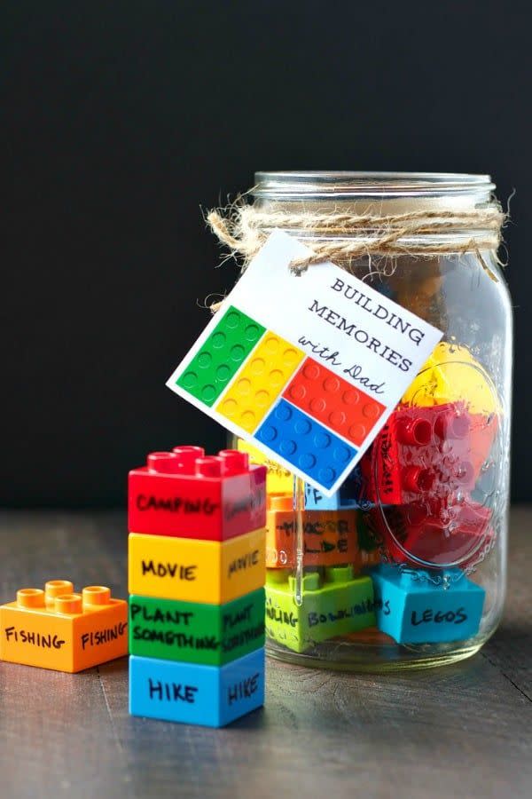 father's day crafts, jar with legos inside