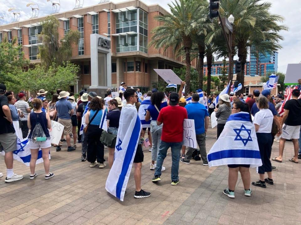 Pro Israel supporters gathered at Arizona State University's Tempe campus on May 5, 2024 to express their support for the country and called for Hamas to release its remaining hostages.