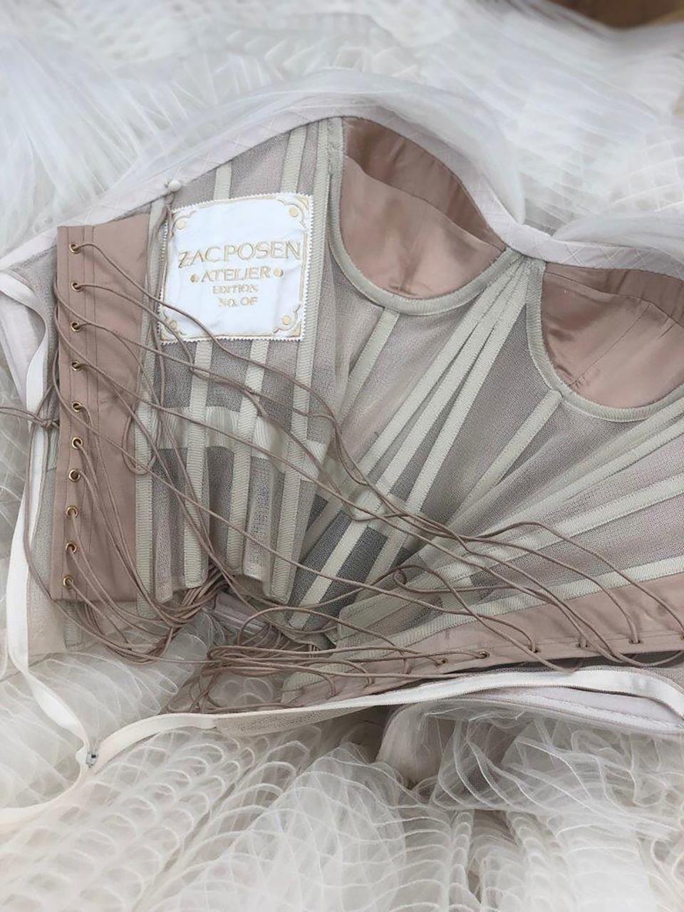 The boning inside the corseted bodice of Katharine McPhee’s custom Zac Posen wedding dress.