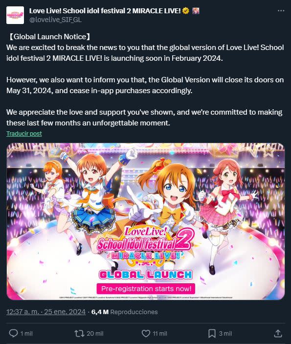 Love Live! School Idol Festival 2 MIRACLE LIVE! cerrará muy pronto