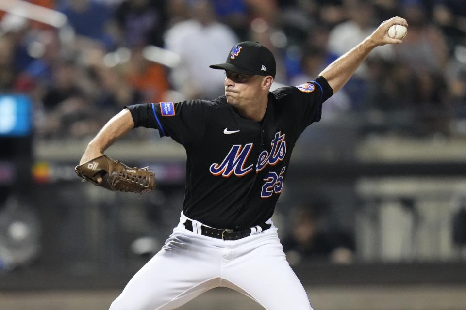 New York Mets' Brooks Raley pitches during the ninth inning of the team's baseball game against the Washington Nationals on Friday, July 28, 2023, in New York. The Mets won 5-1. (AP Photo/Frank Franklin II)
