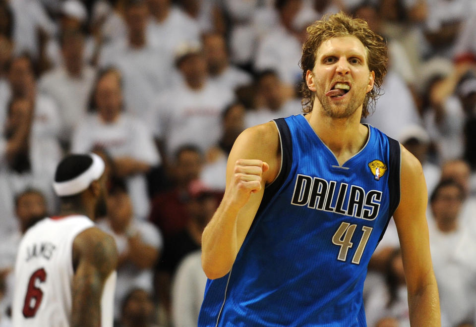 Dirk Nowitzki and the Dallas Mavericks beat LeBron James, Dwyane Wade and the Miami Heat in six games to win the 2011 NBA championship. (Don Emmert/AFP via Getty Images)