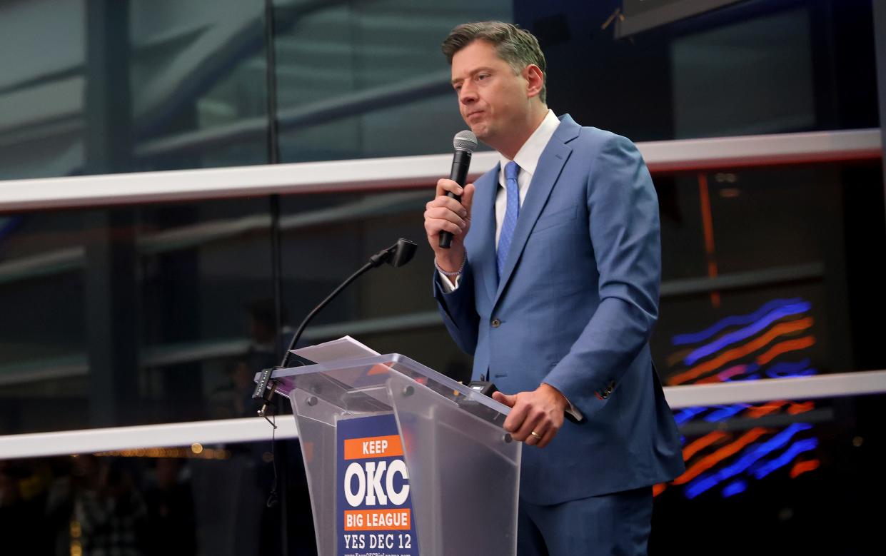 Oklahoma City Mayor David Holt speaks at watch party for the OKC Arena vote, Tuesday, Dec. 12, 2023, at the University of Central Oklahoma Boathouse in Oklaoma City.