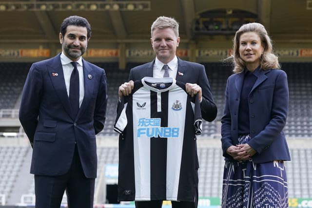 Amanda Staveley and husband Mehrdad Ghodoussi (left) with newly-appointed Newcastle head coach Eddie Howe