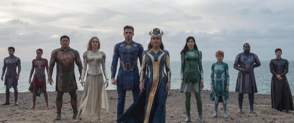 Kingo (Kumail Nanjiani, from left), Makkari (Lauren Ridloff), Gilgamesh (Don Lee), Thena (Angelina Jolie), Ikaris (Richard Madden), Ajak (Salma Hayek), Sersi (Gemma Chan), Sprite (Lia McHugh), Phastos (Brian Tyree Henry) and Druig (Barry Keoghan) are the immortal superbeings of Marvel's "Eternals."