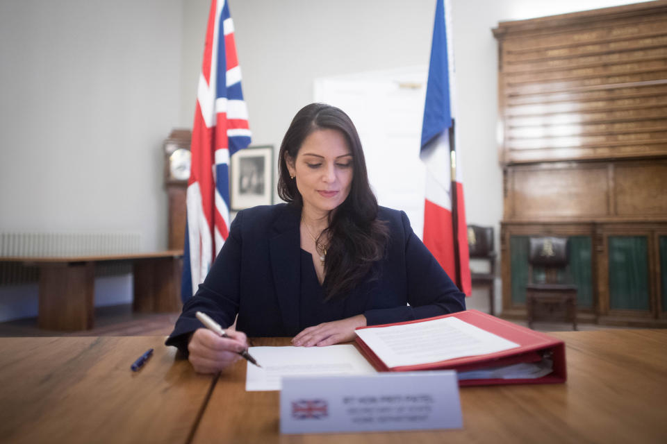 Home Secretary Priti Patel at the Home Office in central London, where she signed a new agreement with her French counterpart Gerald Darmanin aimed at curbing the number of migrants crossing the English Channel in small boats. (Photo by Stefan Rousseau/PA Images via Getty Images)