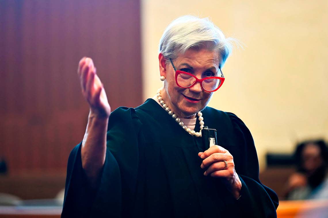 U.S. District Judge Patricia Seitz, who helped launch the CARE Court program in Miami federal court, talks about Darryl Richardson, a recent graduate of the program, during a ceremony on Thursday, April 18, 2024.