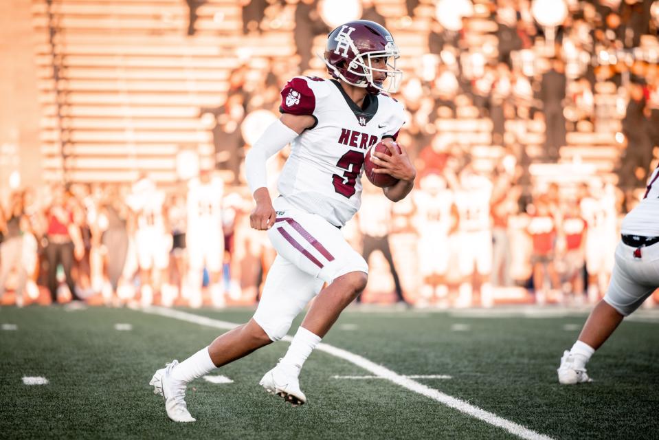 Hereford's Gerardo Garcia (3) runs the football during a nondistrict game Thursday, Aug. 27, 2021 against Caprock at Dick Bivins Stadium in Amarillo.