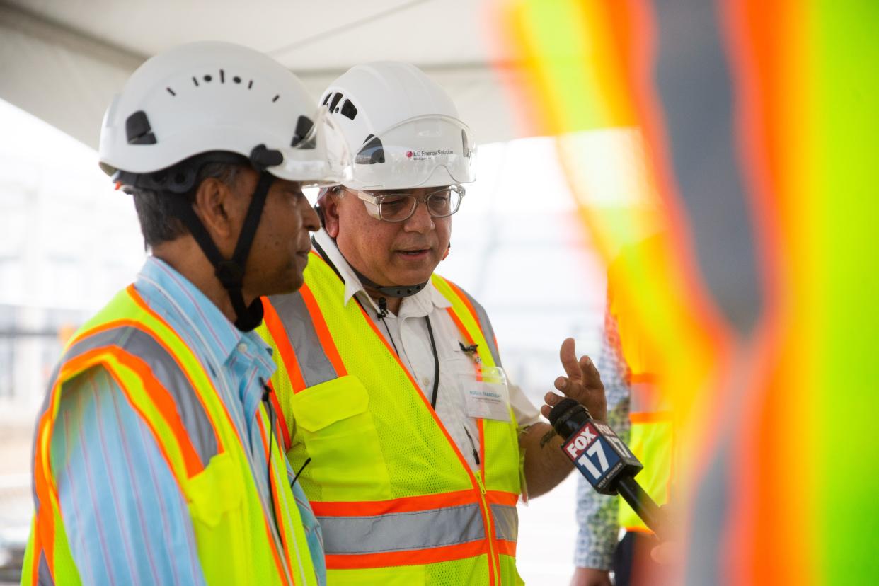 Contractors work on the $1.7 billion expansion of Holland's LG Energy Solutions.