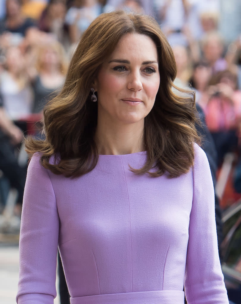 <p>The British royal looked superposh during a visit to Germany’s Maritime Museum wearing a lilac dress, center-parted loose curls, and fresh makeup. (Photo: Getty Images) </p>