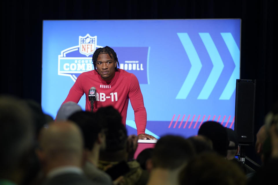 Florida quarterback Anthony Richardson speaks during a news conference at the NFL football scouting combine in Indianapolis, Friday, March 3, 2023. (AP Photo/Darron Cummings)