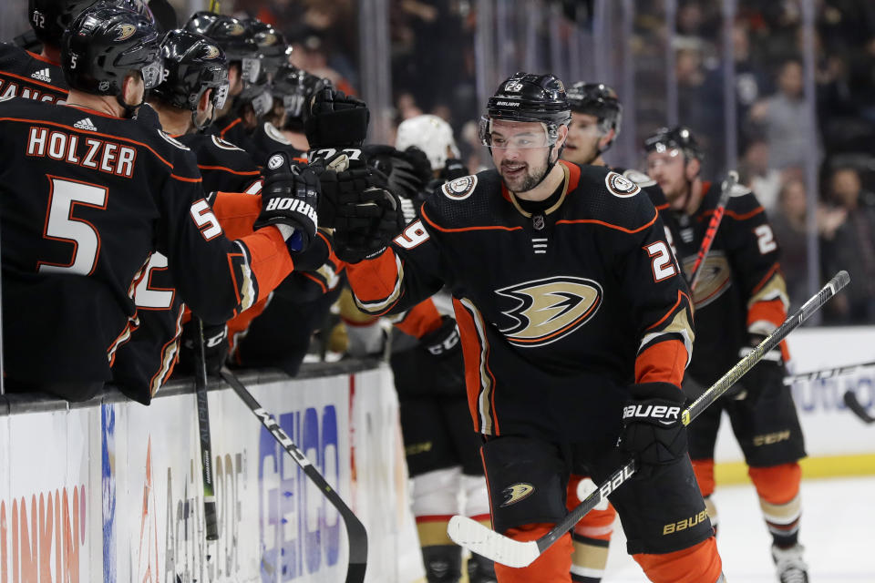 Anaheim Ducks center Devin Shore celebrates after scoring against the Vegas Golden Knights during the first period of an NHL hockey game in Anaheim, Calif., Sunday, Feb. 23, 2020. (AP Photo/Chris Carlson)