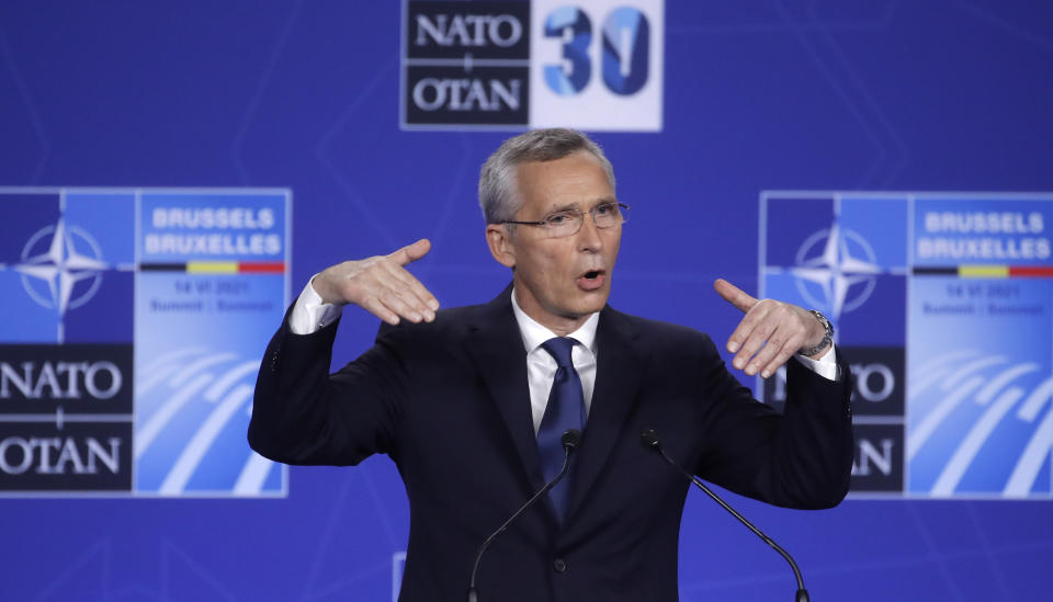 NATO Secretary General Jens Stoltenberg speaks during a media conference at a NATO summit in Brussels, Monday, June 14, 2021. U.S. President Joe Biden is taking part in his first NATO summit, where the 30-nation alliance hopes to reaffirm its unity and discuss increasingly tense relations with China and Russia, as the organization pulls its troops out after 18 years in Afghanistan. (Olivier Hoslet, Pool via AP)