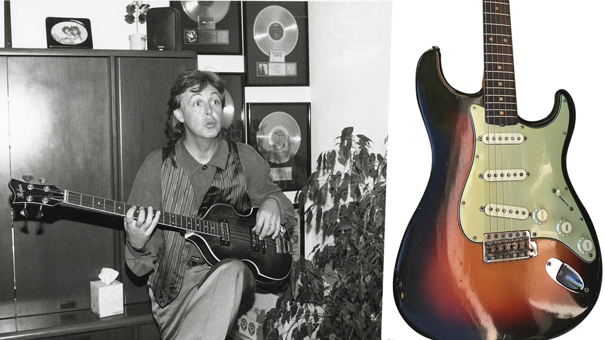  Paul McCartney's 1960 Hofner bass and a 1962 Fender Stratocaster, played by the Beatles, is headed to auction. 