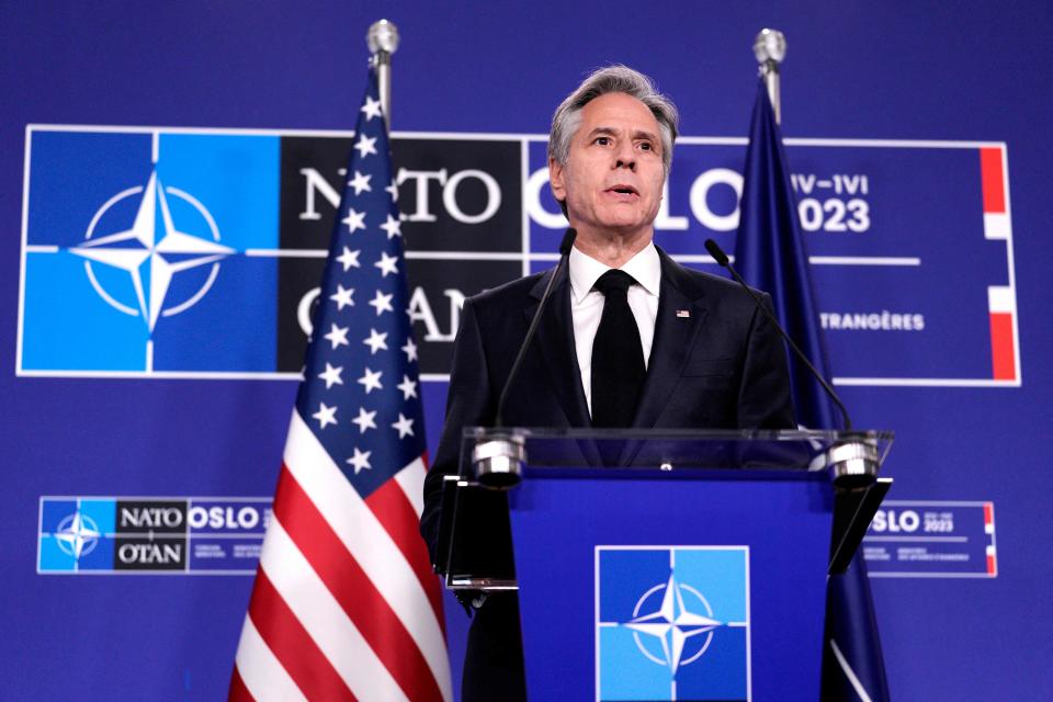 U.S. Secretary of State Antony Blinken speaks at a press conference after an informal meeting of NATO Foreign Affairs Ministers in Oslo, Norway, on June 1, 2023. / Credit: JAVAD PARSA/NTB/AFP via Getty Images