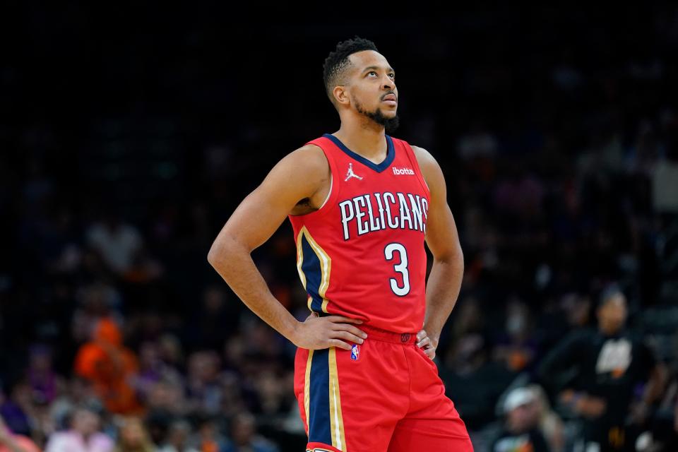 New Orleans Pelicans guard CJ McCollum (3) looks at the scoreboard during the second half of Game 1 of an NBA first-round playoff series against the Phoenix Suns last month.