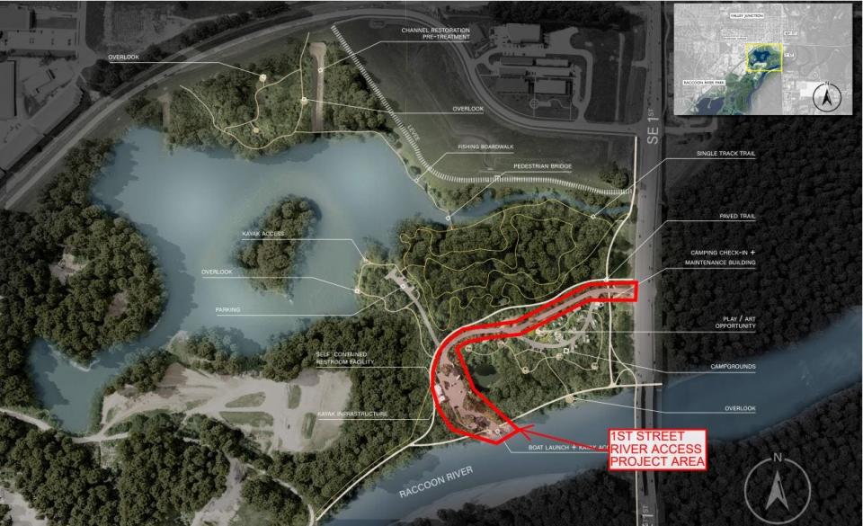 A rendering shows plans for a new boat ramp and surrounding future additions at Raccoon River East Greenway west of State Highway 28 (Southeast First Street) in West Des Moines.