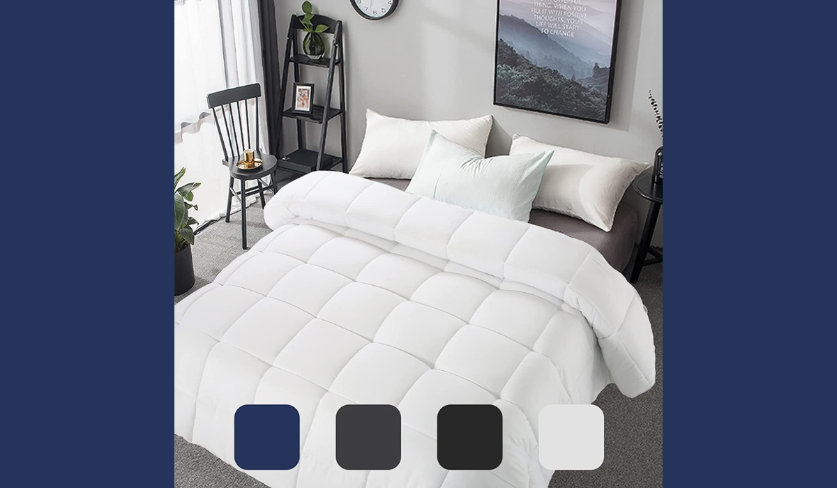 A cozy looking bed with a white comforter and 3 white pillows