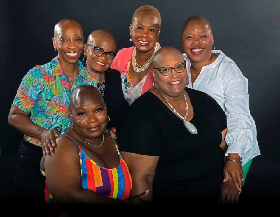 These women came together to talk about alopecia areata, an autoimmune disease that causes hair loss, on June 8, 2022. Top row from left, Nichole Aldridge, Sharon McCreary, Pamela King and Kesandre Brown. Front row from left, Terriwana Cauthen and Sharla Ponder.