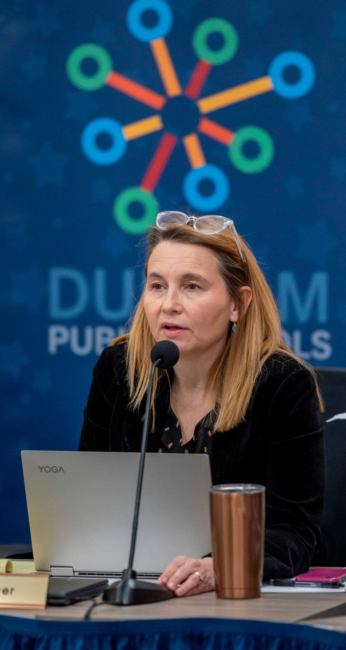 Durham Public Schools Board of Education member Natalie Beyer addresses the board during their meeting on Thursday, February 8, 2024 at the Durham Public School’s Staff Development Center in Durham, N.C.