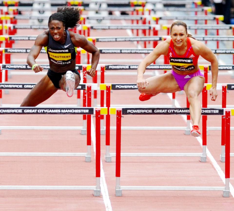 Jessica Enniscompeting in the Women's 100 metre hurdles race at the Great CityGames. The Team GB heptathlete clocked 12.75 seconds but her time does not stand because of a technical error and there were nine sets of hurdles out on the course instead of 10. Manchester, England - 21.05.12***No UK Tabloids, Available for The Rest of the World***Mandatory Credit: WENN.com