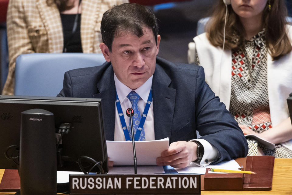 Russian Deputy Ambassador to the United Nations Dmitry Polyanskiy speaks during the UN Security Council meeting to discuss the maintenance of peace and security of Ukraine, Friday, July 21, 2023, at United Nations headquarters. (AP Photo/Eduardo Munoz Alvarez)