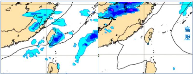 左圖：最新(14日20時)歐洲(ECMWF)模式，16日8時地面氣壓及降水模擬圖顯示，東北季風南下，北海岸、大台北及東半部轉有局部短暫雨。