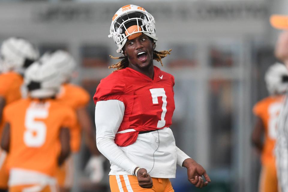 Tennessee quarterback Joe Milton (7) participates in a drill during Tennessee Football’s first fall practice, Wednesday, Aug. 2, 2023.