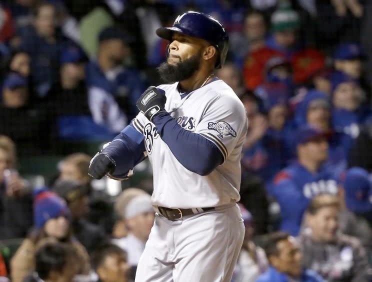 Eric Thames is ready to bust a move to his cheer song from Korea. (AP)