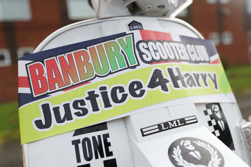 A motorbike convoy prepares to follow Harry Dunn's last ride in Brackley (PA)