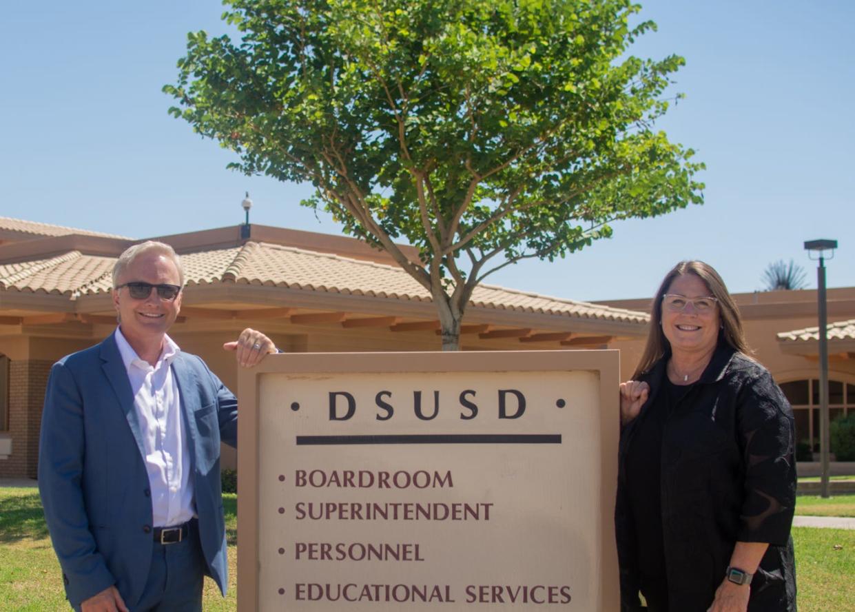 Outgoing Desert Sands Superintendent Scott Bailey and his successor Kelly May-Vollmar in La Quinta, Calif., on June 30, 2022.