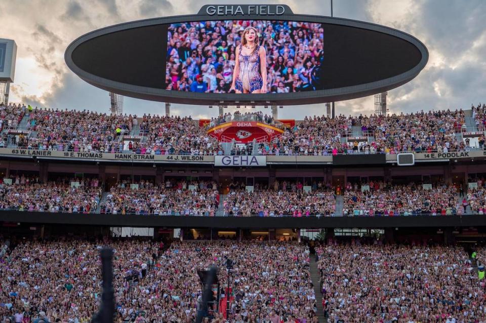 A sea of fans watch Taylor Swift perform the song “Cruel Summer” during her Eras Tour stop at GEHA Field at Arrowhead Stadium on Friday, July 7, 2023, in Kansas City. Emily Curiel/ecuriel@kcstar.com