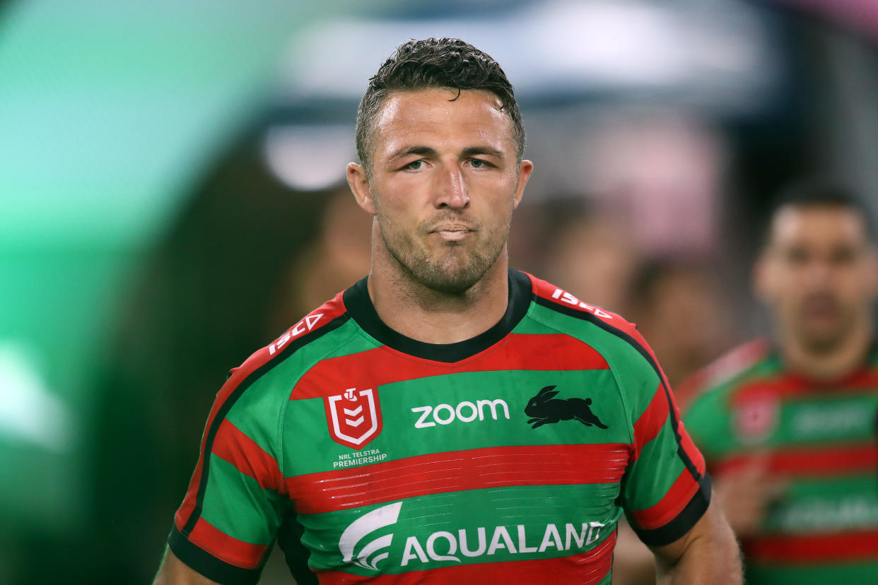 SYDNEY, AUSTRALIA - SEPTEMBER 20:  Sam Burgess of the Rabbitohs walks onto the field during the NRL Semi Final match between the South Sydney Rabbitohs and the Manly Sea Eagles at ANZ Stadium on September 20, 2019 in Sydney, Australia. (Photo by Mark Metcalfe/Getty Images)