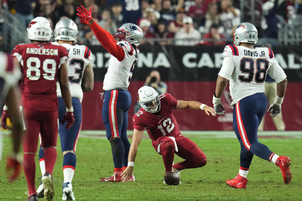 New England Patriots linebacker Matthew Judon (9) celebrates after sacking Arizona Cardinals quarterback Colt McCoy (12) during the second half of an NFL football game, Monday, Dec. 12, 2022, in Glendale, Ariz. (AP Photo/Ross D. Franklin)