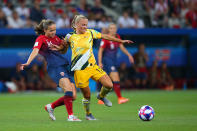 Tameka Yallop of Australia holds off the challenge from Guro Reiten of Norway during the 2019 FIFA Women's World Cup France Round of 16 match between Norway and Australia at Stade de Nice on June 22, 2019 in Nice, France. (Photo by Craig Mercer/MB Media/Getty Images)