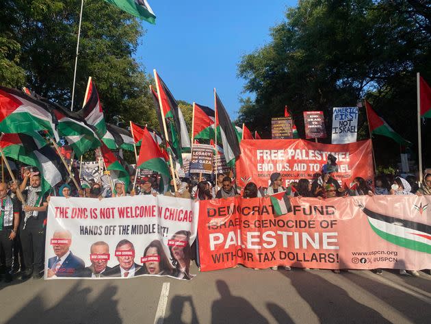 Protesters led by the Chicago Coalition for Justice in Palestine march outside the Democratic National Convention in Chicago on Wednesday.