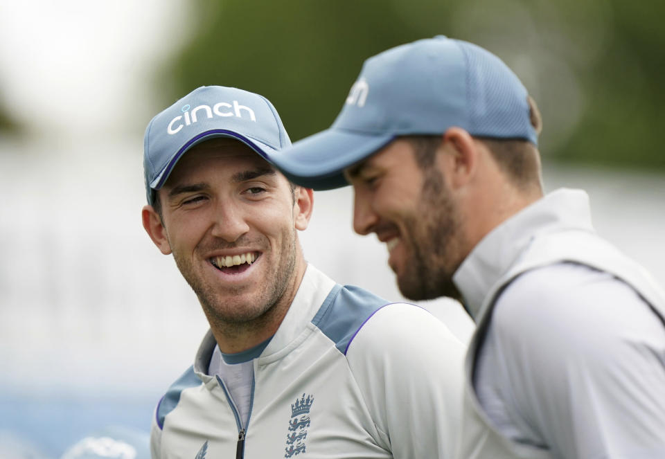 England's Craig Overton, left, and Jamie Overton during a nets session at Emerald Headingley Stadium, Leeds, Tuesday June 21, 2022, ahead of the 3rd test match against England. (Tim Goode/PA via AP)