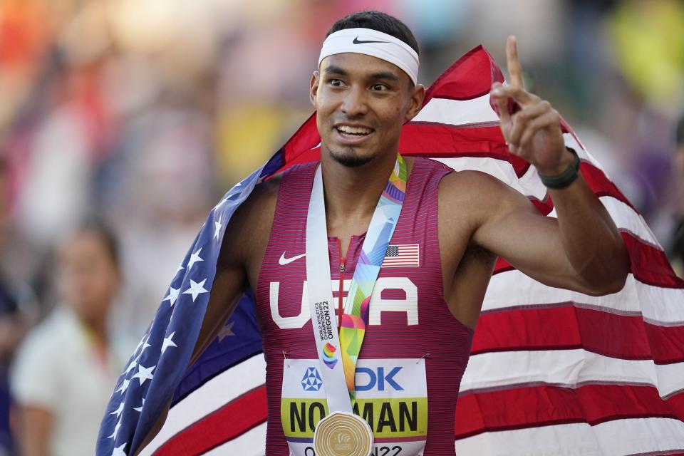 Gold medalist Michael Norman, of the United States, reacts after the final of the men's 400-meter run at the World Athletics Championships on Friday, July 22, 2022, in Eugene, Ore. (AP Photo/Ashley Landis)