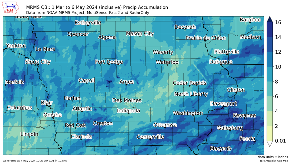 Several inches of rain have fallen across Iowa between March 1 and May 6, 2024, leading to some minor river flooding.